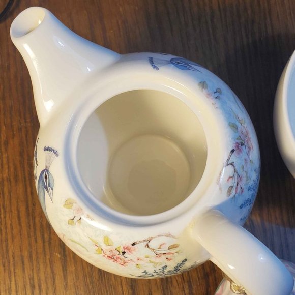 SUMMER RIVER Tea for One TEAPOT W/ TASSEL CUP LID Peacock Floral Porcelain 6 in - Picture 8 of 10